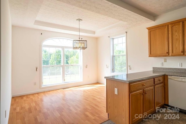 kitchen with hanging light fixtures, a raised ceiling, kitchen peninsula, white dishwasher, and light hardwood / wood-style floors