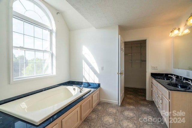 bathroom with vanity, lofted ceiling, a textured ceiling, and a bathing tub