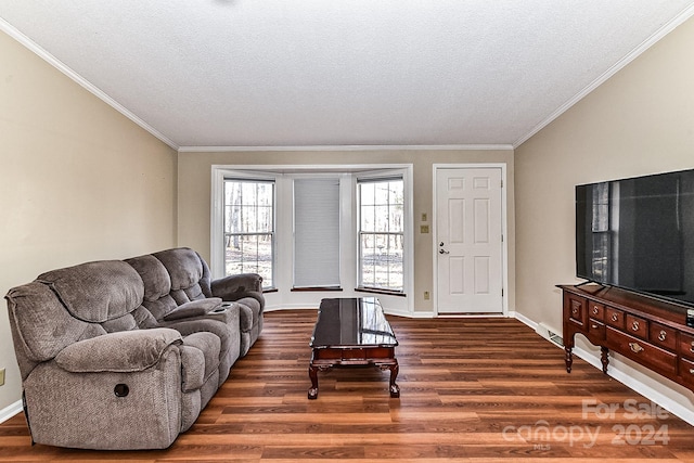 living room with crown molding, dark hardwood / wood-style flooring, and a textured ceiling