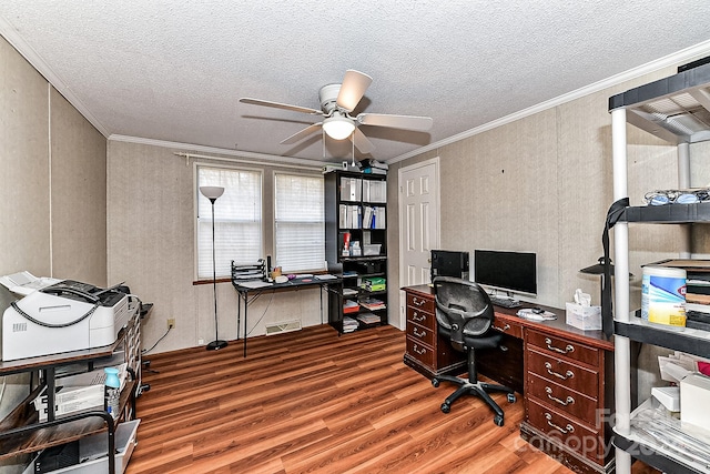 office space with hardwood / wood-style floors, a textured ceiling, and ceiling fan