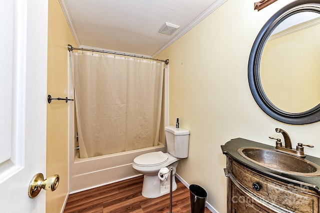 full bathroom featuring shower / bath combo, ornamental molding, vanity, hardwood / wood-style flooring, and toilet