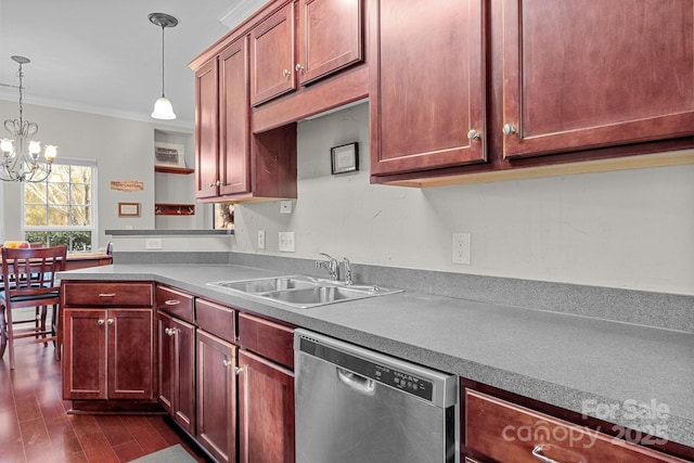 kitchen featuring crown molding, sink, pendant lighting, a notable chandelier, and dishwasher