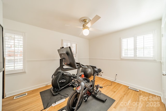 exercise room featuring ceiling fan and hardwood / wood-style floors