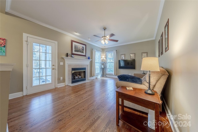 living room with plenty of natural light, ceiling fan, ornamental molding, and a fireplace