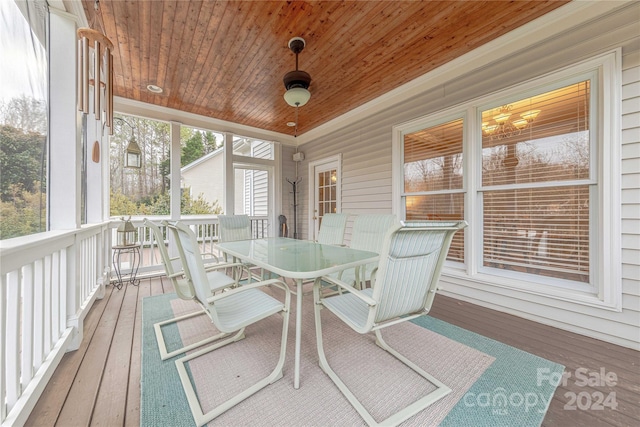 sunroom featuring wood ceiling