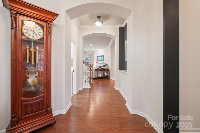 hall featuring crown molding and dark wood-type flooring