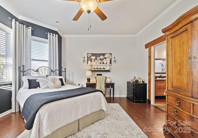 bedroom featuring crown molding, ceiling fan, and dark wood-type flooring