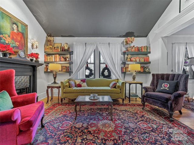 living area with wood-type flooring and lofted ceiling