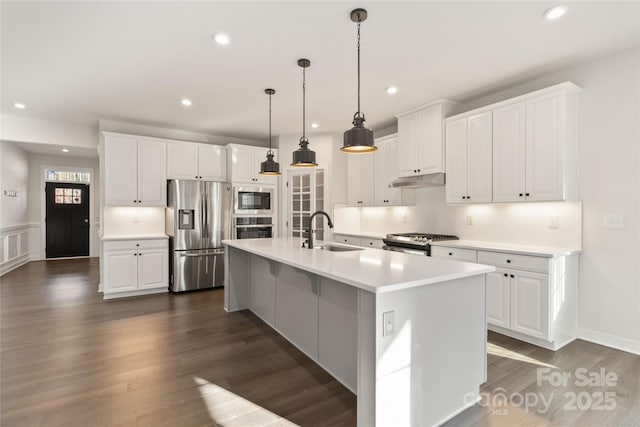 kitchen featuring a spacious island, sink, white cabinetry, dark hardwood / wood-style flooring, and stainless steel appliances