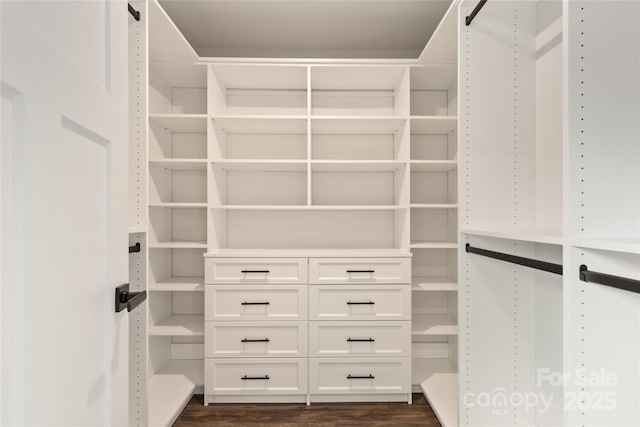 spacious closet with dark wood-type flooring