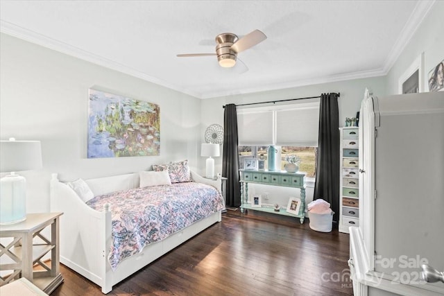 bedroom featuring ceiling fan, dark hardwood / wood-style floors, and ornamental molding