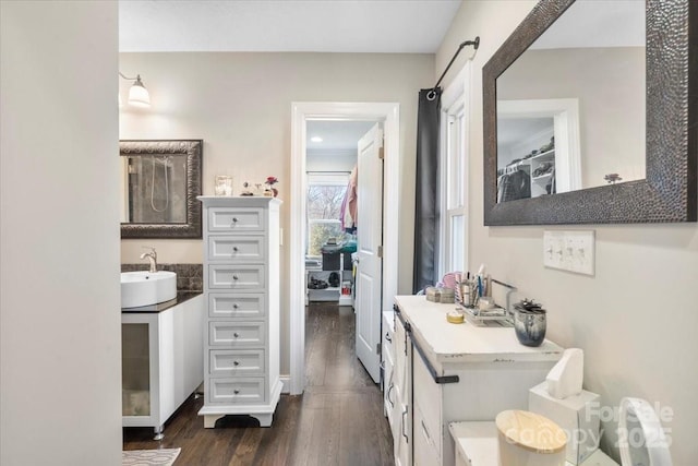 bathroom with hardwood / wood-style floors and vanity