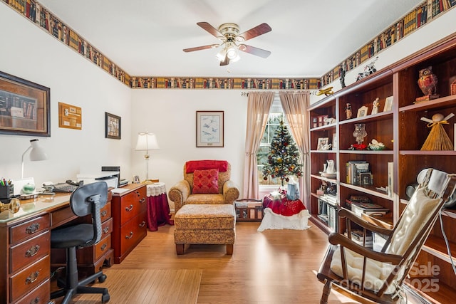 office featuring ceiling fan and light wood-type flooring