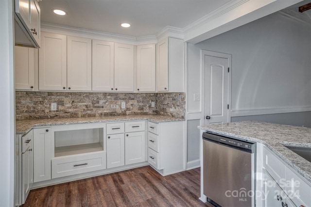 kitchen featuring white cabinets, stainless steel dishwasher, and light stone countertops