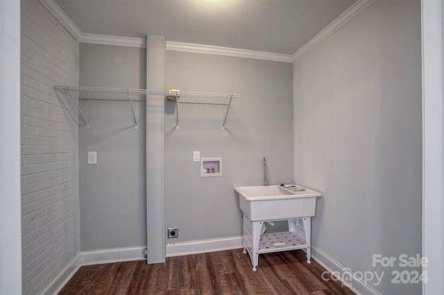 laundry room with electric dryer hookup, dark wood-type flooring, washer hookup, and ornamental molding