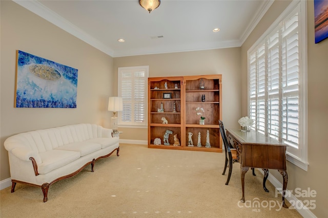 carpeted home office with crown molding and plenty of natural light