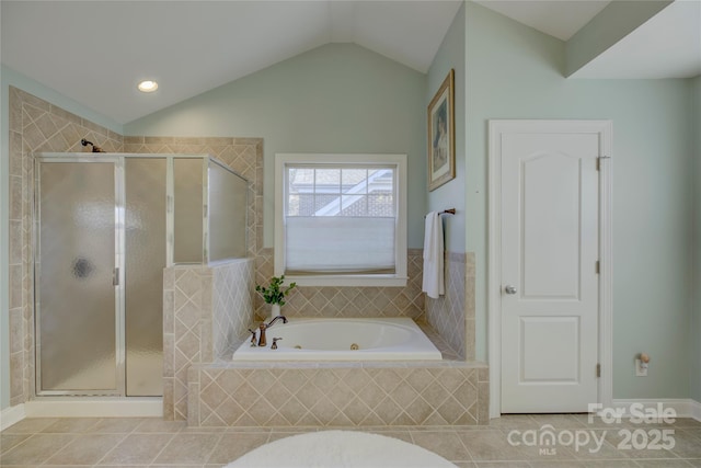 bathroom featuring tile patterned flooring, vaulted ceiling, and plus walk in shower