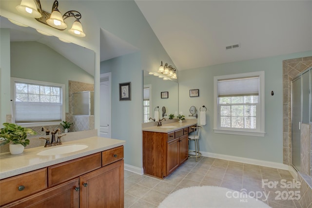 bathroom featuring plenty of natural light, lofted ceiling, and a shower with door