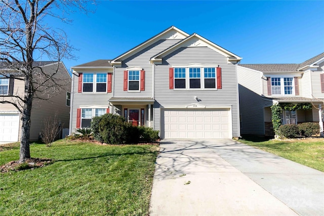 view of front facade featuring a front lawn and a garage