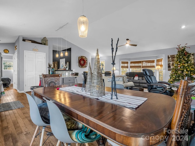 dining area with hardwood / wood-style flooring, lofted ceiling, and track lighting