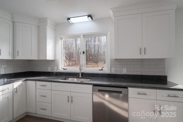 kitchen with dishwasher, dark stone countertops, decorative backsplash, sink, and white cabinetry