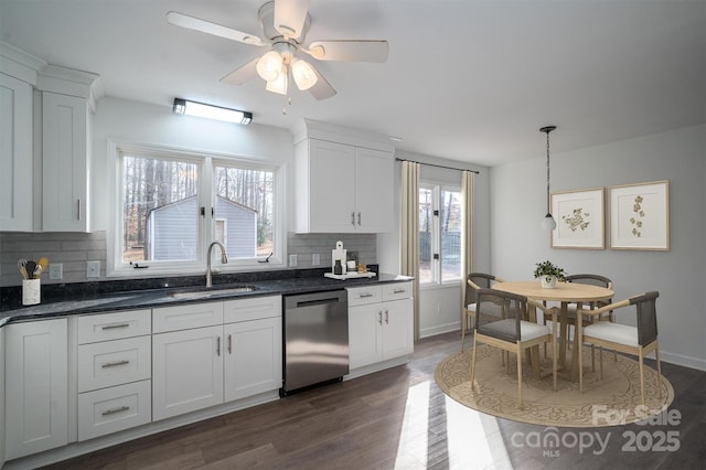 kitchen featuring decorative backsplash, white cabinets, and stainless steel dishwasher