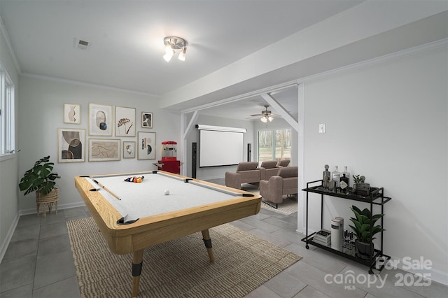 game room with ceiling fan and pool table