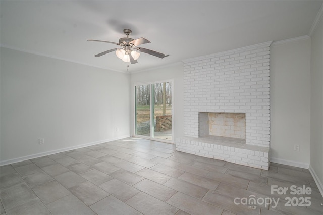 unfurnished living room with a brick fireplace, crown molding, and ceiling fan