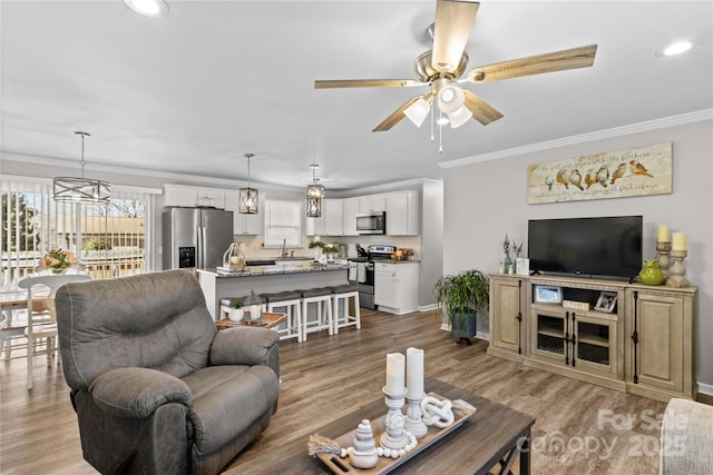 living room featuring hardwood / wood-style flooring, ceiling fan, ornamental molding, and sink