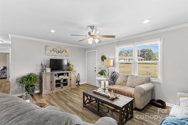 living room featuring ornamental molding and light hardwood / wood-style floors