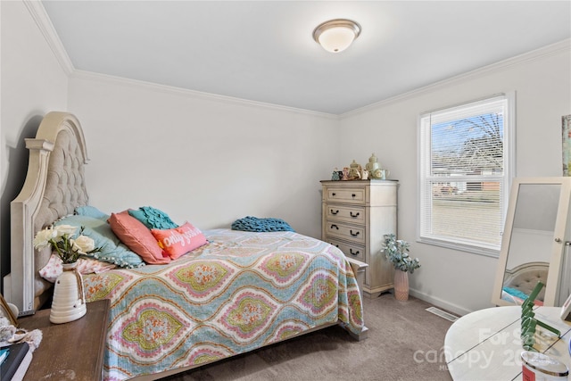 bedroom with carpet floors and ornamental molding