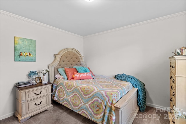 bedroom with ornamental molding and carpet