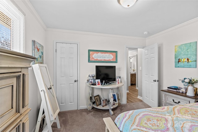 bedroom featuring light carpet and ornamental molding