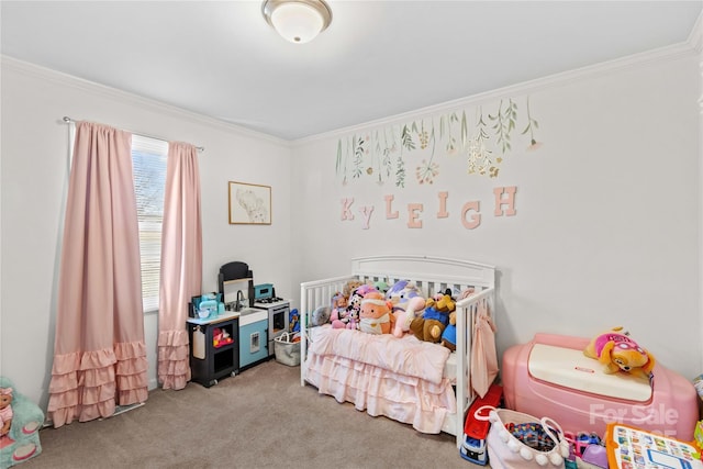 carpeted bedroom with ornamental molding