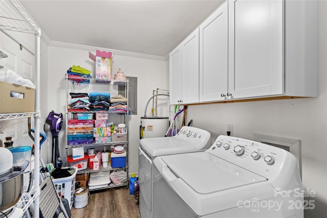 laundry area with cabinets, separate washer and dryer, ornamental molding, dark hardwood / wood-style flooring, and water heater