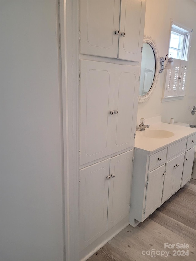 bathroom featuring vanity and hardwood / wood-style flooring