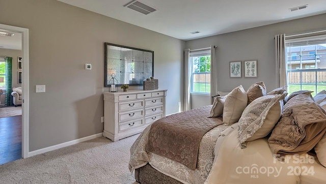 bedroom with light colored carpet