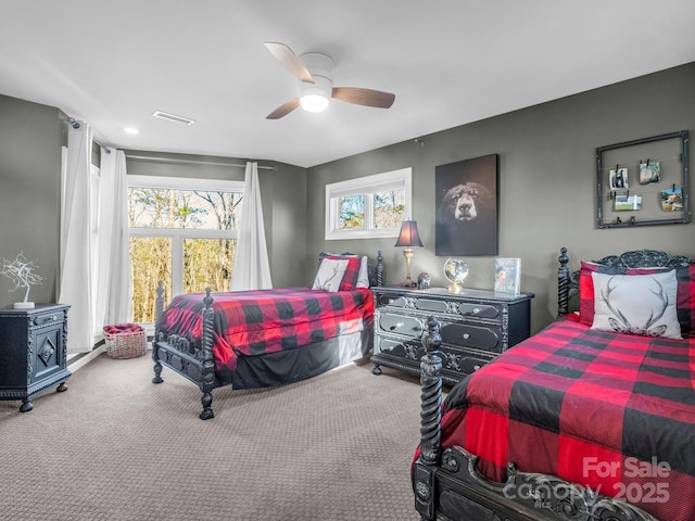 bedroom featuring carpet flooring and ceiling fan