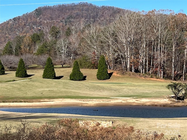 surrounding community featuring a water view and a lawn