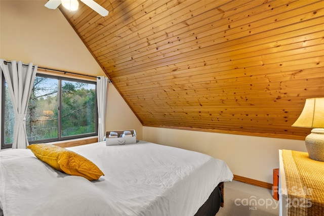 bedroom featuring ceiling fan, light carpet, vaulted ceiling, and wooden ceiling