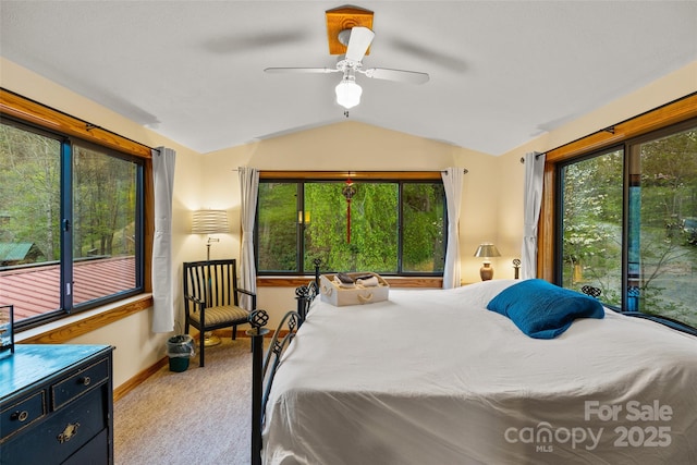 carpeted bedroom with ceiling fan, multiple windows, access to outside, and vaulted ceiling