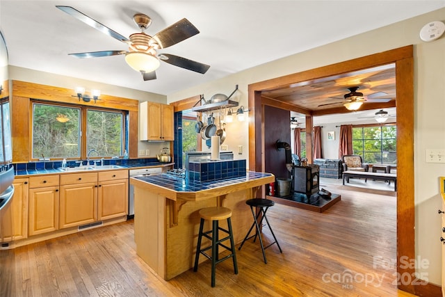 kitchen featuring tile counters, a kitchen breakfast bar, stainless steel dishwasher, light hardwood / wood-style flooring, and sink