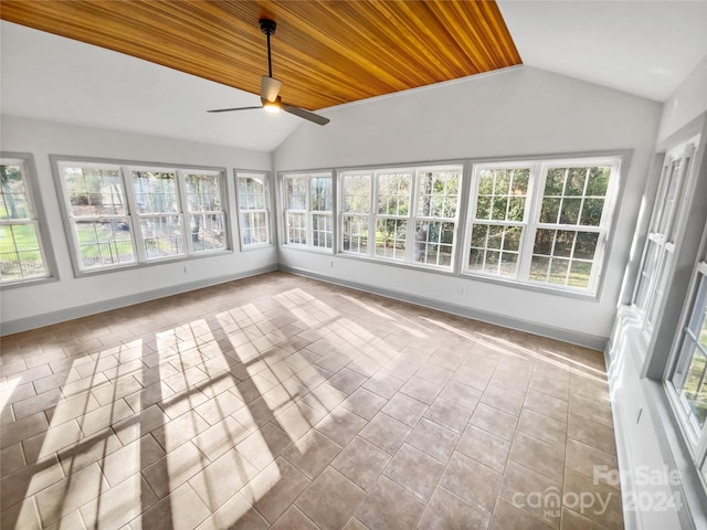 unfurnished sunroom featuring lofted ceiling, ceiling fan, and wooden ceiling