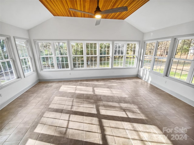 unfurnished sunroom featuring ceiling fan, wood ceiling, and vaulted ceiling