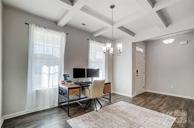 office featuring a chandelier, beamed ceiling, dark wood-type flooring, and coffered ceiling