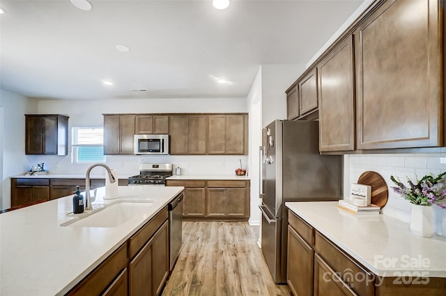 kitchen with light hardwood / wood-style floors, sink, and appliances with stainless steel finishes