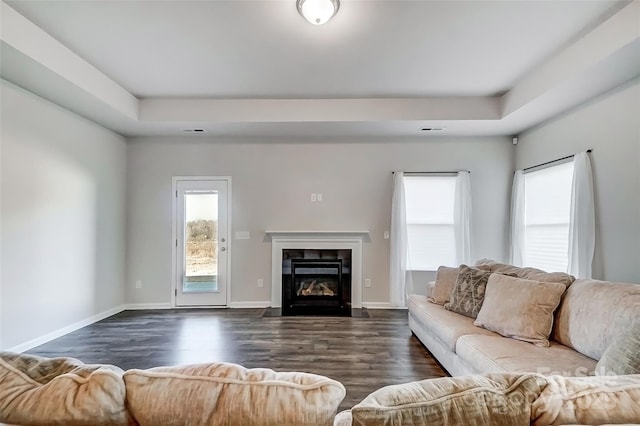 living room featuring dark hardwood / wood-style floors and a raised ceiling