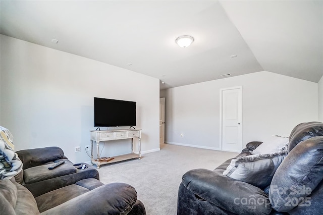 living room with light carpet and vaulted ceiling