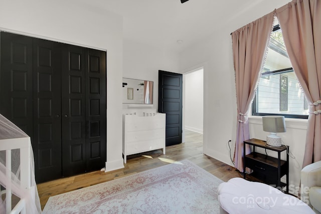 bedroom featuring a closet and light hardwood / wood-style flooring