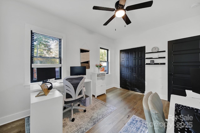 office space with hardwood / wood-style floors and ceiling fan